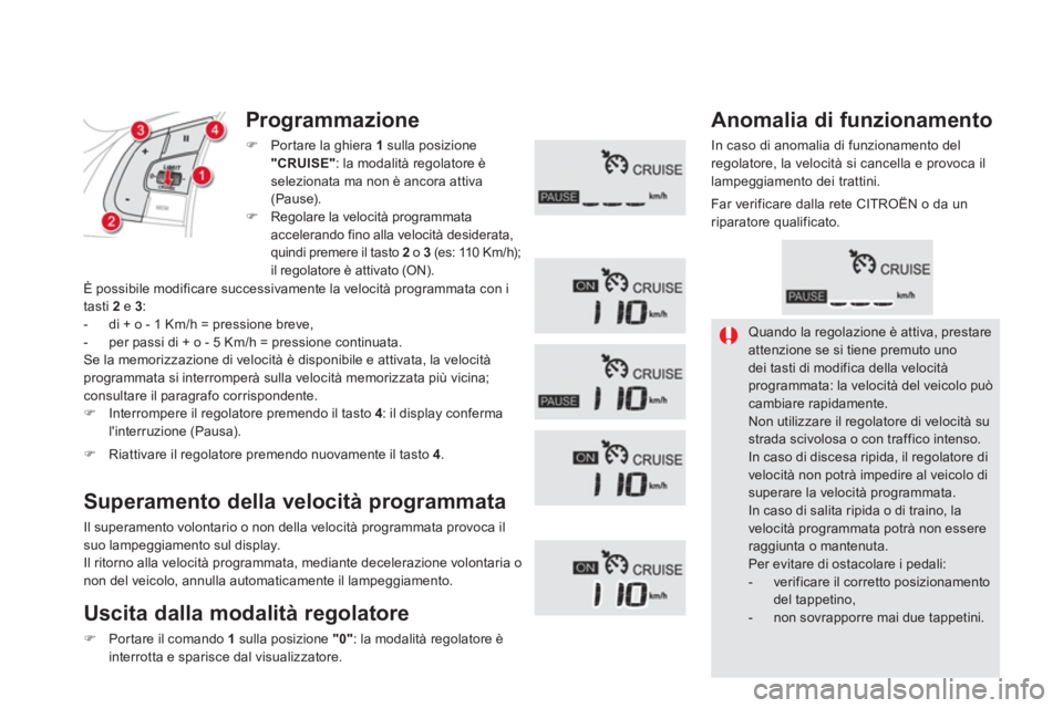 CITROEN DS5 2012  Libretti Di Uso E manutenzione (in Italian)  Quando la regolazione è attiva, prestare attenzione se si tiene premuto uno dei tasti di modifica della velocità programmata: la velocità del veicolo puòcambiare rapidamente.   Non utilizzare il 