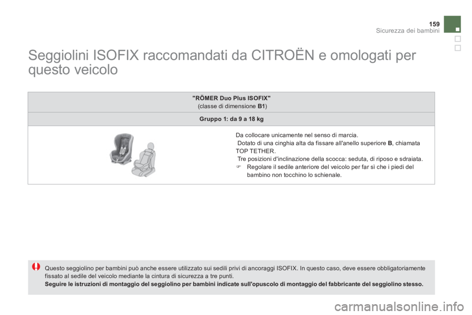 CITROEN DS5 2012 Libretti Di Uso E manutenzione (in Italian) 159Sicurezza dei bambini
Seggiolini ISOFIX raccomandati da CITROËN e omologati per
questo veicolo
Questo seggiolino per bambini può anche essere utilizzato sui sedili pr CITROEN DS5 2012 Libretti Di Uso E manutenzione (in Italian) 159Sicurezza dei bambini
Seggiolini ISOFIX raccomandati da CITROËN e omologati per
questo veicolo
Questo seggiolino per bambini può anche essere utilizzato sui sedili pr
