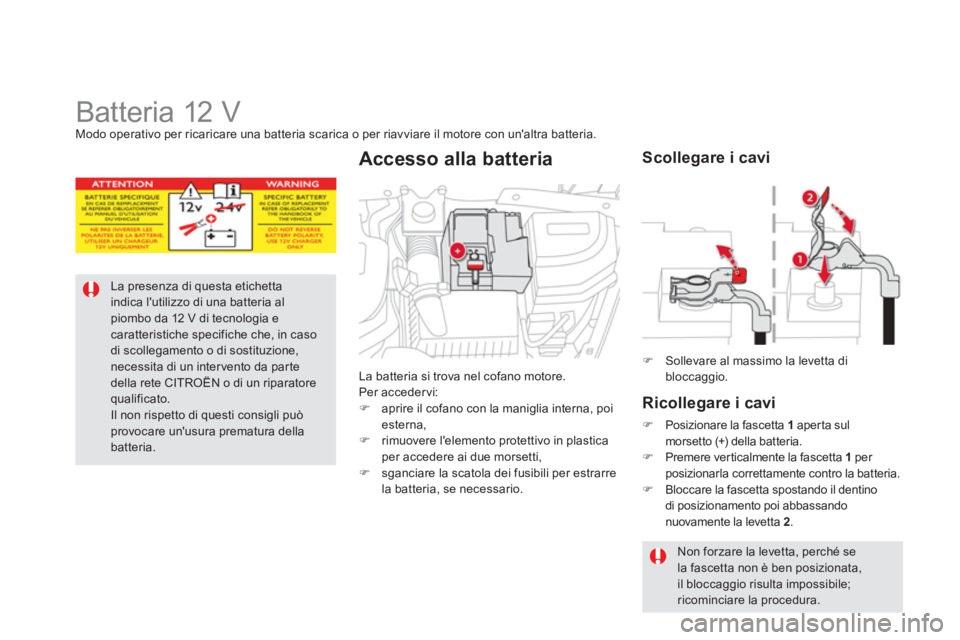 CITROEN DS5 2012  Libretti Di Uso E manutenzione (in Italian)    
 
 
 
 
 
 
 
 
 
 
Batteria 12 V Modo operativo per ricaricare una batteria scarica o per riavviare il motore con unaltra batteria. 
La presenza di questa etichettaindica lutilizzo di una batte