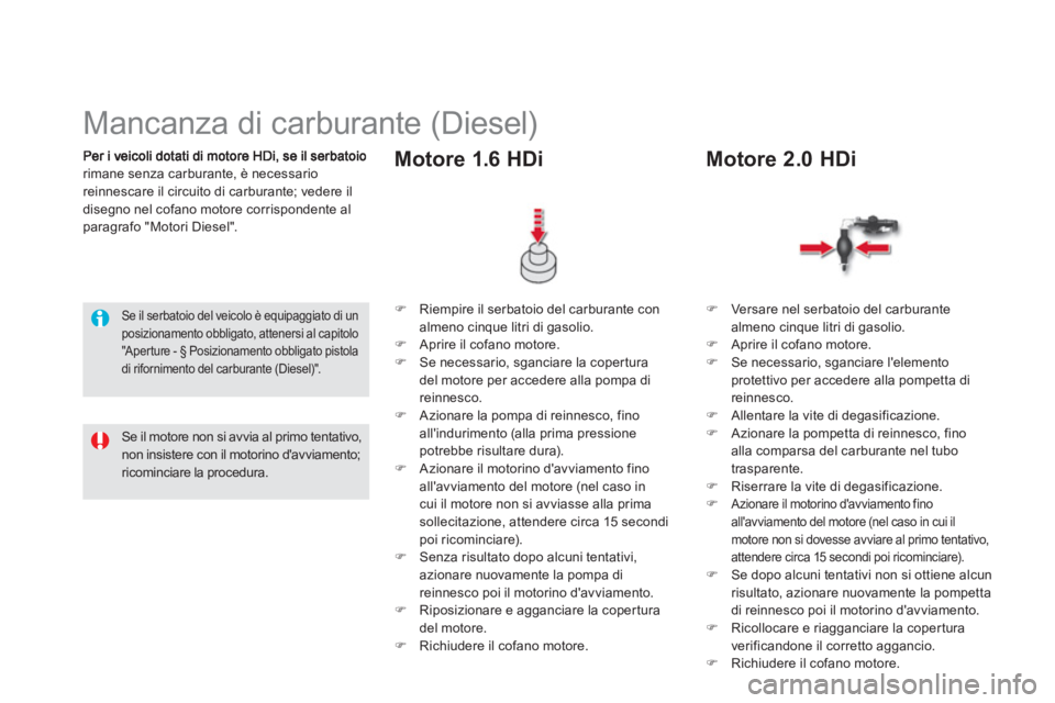 CITROEN DS5 2012  Libretti Di Uso E manutenzione (in Italian) rimane senza carburante, è necessario reinnescare il circuito di carburante; vedere il 
disegno nel cofano motore corrispondente alparagrafo "Motori Diesel". 
   
 
 
 
 
 
 
 
 
 
Mancanza di carbur