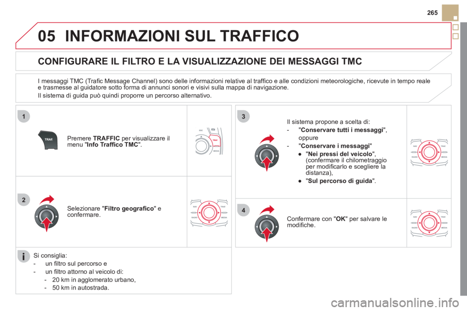 CITROEN DS5 2012 Libretti Di Uso E manutenzione (in Italian) 05
1
2
3
4
265
INFORMAZIONI SUL TRAFFICO
CONFIGURARE IL FILTRO E LA VISUALIZZAZIONE DEI MESSAGGI TMC
I messaggi TMC (Trafi c Message Channel) sono delle informazioni relativ CITROEN DS5 2012 Libretti Di Uso E manutenzione (in Italian) 05
1
2
3
4
265
INFORMAZIONI SUL TRAFFICO
CONFIGURARE IL FILTRO E LA VISUALIZZAZIONE DEI MESSAGGI TMC
I messaggi TMC (Trafi c Message Channel) sono delle informazioni relativ