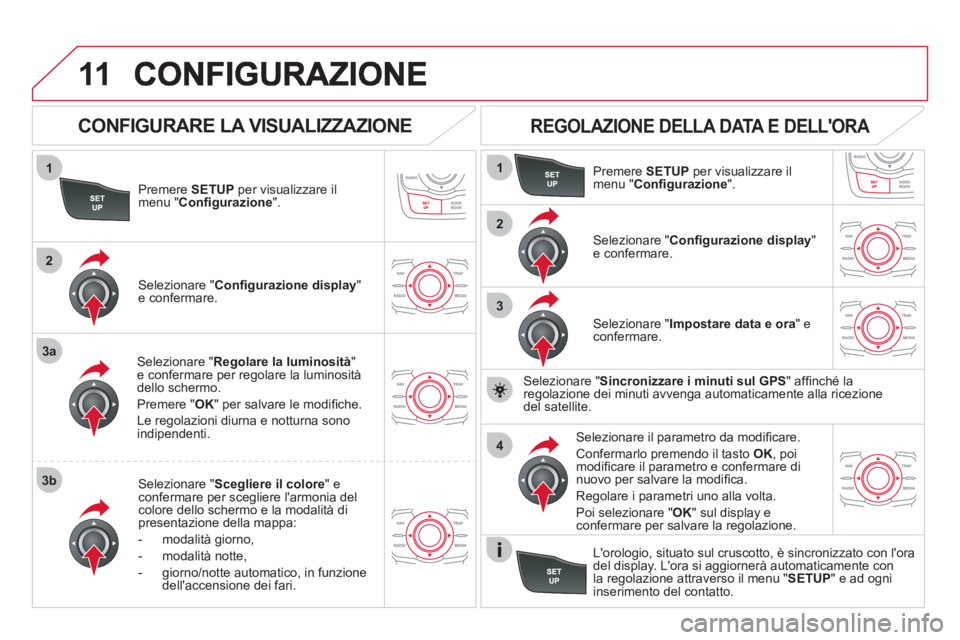 CITROEN DS5 2012  Libretti Di Uso E manutenzione (in Italian) 11
1
2
3a
3b
1
2
3
4
Premere SETUPper visualizzare il 
menu "  Conﬁ gurazione".
Selezionare " Regolare la luminosità"e confermare per regolare la luminositàdello schermo.
Premere " 
OK 
" per salv