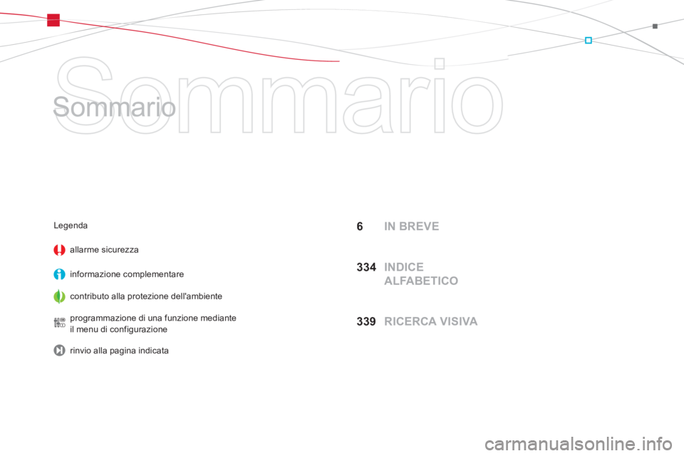 CITROEN DS5 2012  Libretti Di Uso E manutenzione (in Italian)   Sommario 
   
Sommario  
6 IN BREVE
33
4  INDICE 
ALFABETICO
339  RICERCA VISIVA
Legenda
allarme sicurezza
informazione complementare
contributo alla protezione dellambiente  
pro
grammazione di un