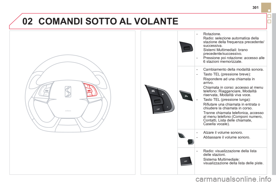 CITROEN DS5 2012 Libretti Di Uso E manutenzione (in Italian) 02
SRC
+
-
301
COMANDI SOTTO AL VOLANTE
- Rotazione.
Radio: selezione automatica dellastazione della frequenza precedente/successiva.Sistemi Multimediali: CITROEN DS5 2012 Libretti Di Uso E manutenzione (in Italian) 02
SRC
+
-
301
COMANDI SOTTO AL VOLANTE
- Rotazione.
Radio: selezione automatica dellastazione della frequenza precedente/successiva.Sistemi Multimediali: