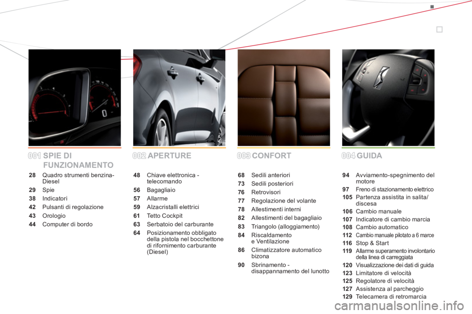 CITROEN DS5 2012  Libretti Di Uso E manutenzione (in Italian) 001001002002003003004004 CONFORT APERTURE SPIE DI 
FUNZIONAMENTOGUIDA
28 Quadro strumenti benzina-
Diesel
29 Spie
38 Indicatori
42  Pulsanti di regolazione
43 Orologio
44Computer di bordo
48Chiave ele