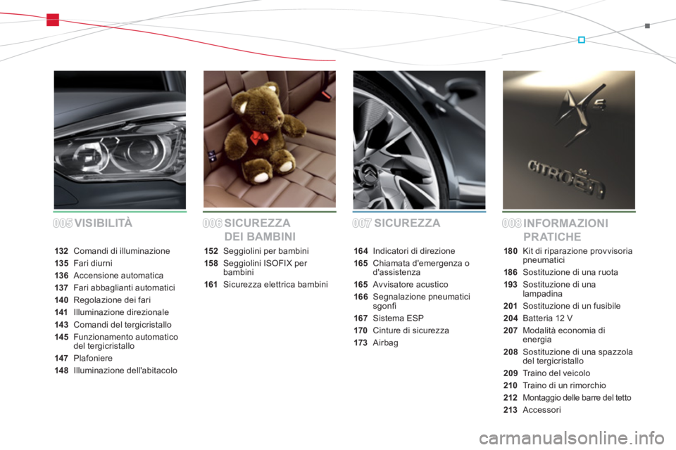 CITROEN DS5 2012  Libretti Di Uso E manutenzione (in Italian) 005005006006007007008008SICUREZZA
INFORMAZIONI 
PR ATICHE SICUREZZA 
DEI BAMBINI VISIBILITÀ
132 Comandi di illuminazione
135Fari diurni
136Accensione automatica
137Fari abbaglianti automatici
140Rego