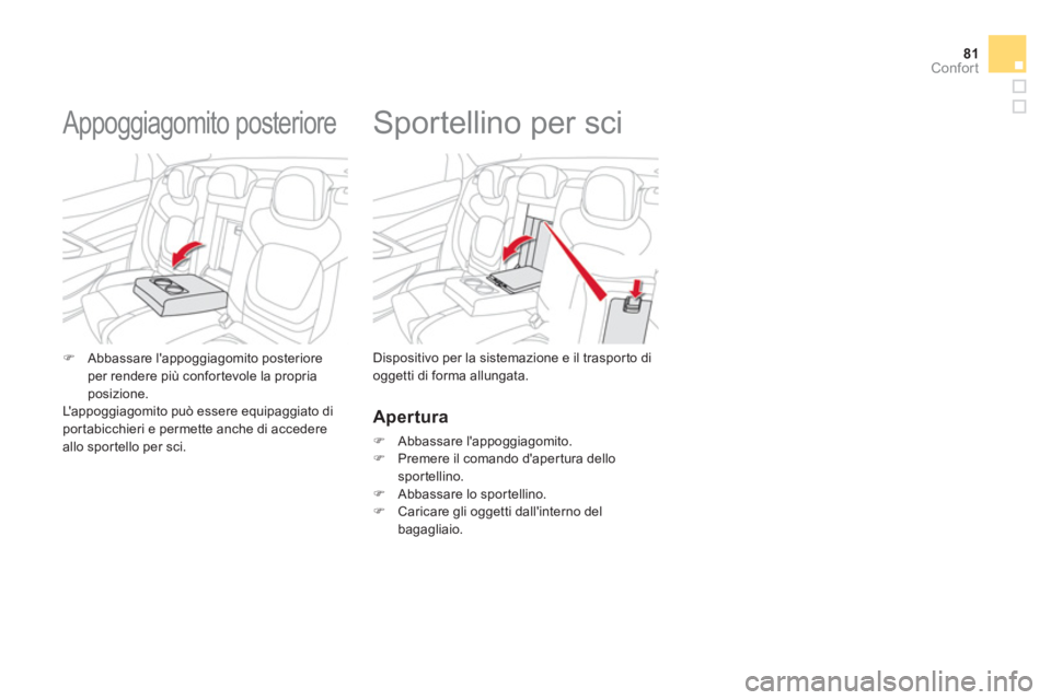 CITROEN DS5 2012  Libretti Di Uso E manutenzione (in Italian) 81Confort
   
 
 
 
 
 
 
 
Sportellino per sci 
Dispositivo per la sistemazione e il traspor to di 
oggetti di forma allungata. �)Abbassare lappoggiagomito posteriore per rendere più confortevole l