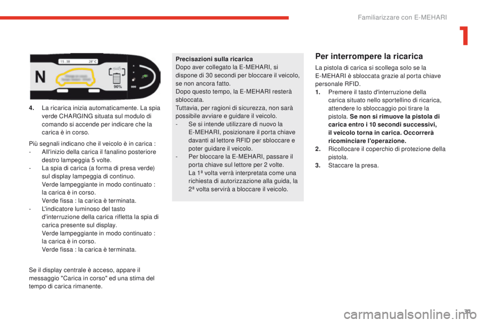 CITROEN E-MEHARI 2017 Libretti Di Uso E manutenzione (in Italian) 31
e-mehari_it_Chap01_faite-connaissance_ed03-2016
Precisazioni sulla ricarica
Dopo aver collegato la E-MEHARI, si
dispone di 30 secondi per bloccare il veicolo,
se non ancora fatto.
Dopo questo te CITROEN E-MEHARI 2017 Libretti Di Uso E manutenzione (in Italian) 31
e-mehari_it_Chap01_faite-connaissance_ed03-2016
Precisazioni sulla ricarica
Dopo aver collegato la E-MEHARI, si
dispone di 30 secondi per bloccare il veicolo,
se non ancora fatto.
Dopo questo te