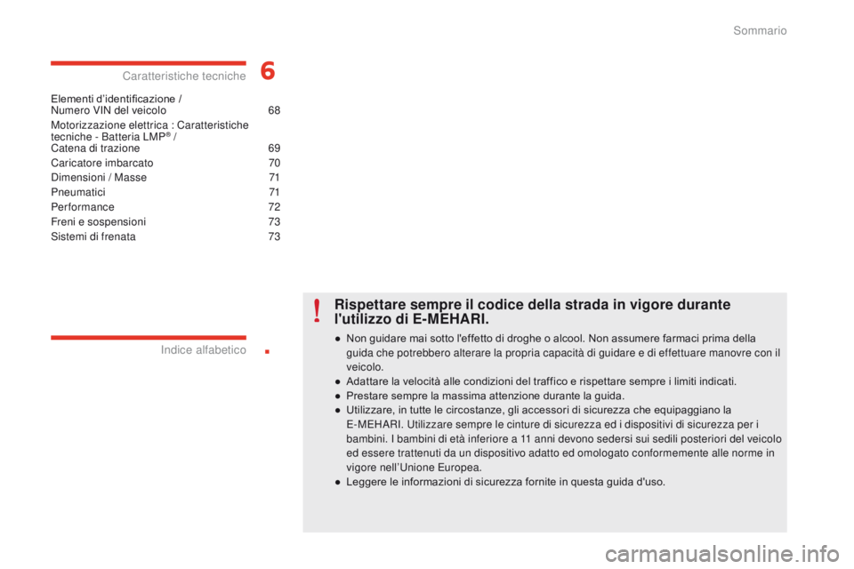 CITROEN E-MEHARI 2017  Libretti Di Uso E manutenzione (in Italian) .
e-mehari_it_Chap00a_sommaire_ed03-2016
Elementi d’identificazione /  
Numero VIN del veicolo 6 8
Motorizzazione elettrica : Caratteristiche 
tecniche - Batteria LMP
® /  
Catena di trazione
 6 9
