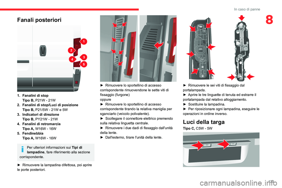 CITROEN JUMPER 2020 Libretti Di Uso E manutenzione (in Italian) 123
In caso di panne
8Fanali posteriori
1.Fanalini di stop
Tipo B, P21W - 21W
2. Fanalini di stop/Luci di posizione
Tipo B, P21/5W - 21W e 5W
3. Indicatori di direzione
Tipo B, PY21W - 21W
4. Fa CITROEN JUMPER 2020 Libretti Di Uso E manutenzione (in Italian) 123
In caso di panne
8Fanali posteriori
1.Fanalini di stop
Tipo B, P21W - 21W
2. Fanalini di stop/Luci di posizione
Tipo B, P21/5W - 21W e 5W
3. Indicatori di direzione
Tipo B, PY21W - 21W
4. Fa