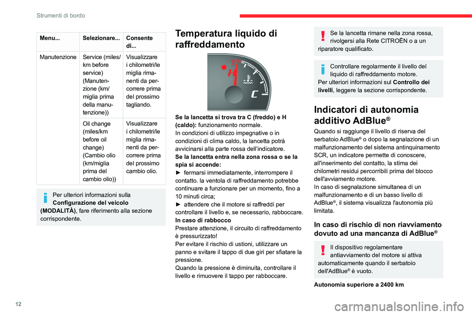 CITROEN JUMPER 2020  Libretti Di Uso E manutenzione (in Italian) 12
Strumenti di bordo
Menu...Selezionare... Consente 
di...
Manutenzione Service (miles/
km before 
service) 
(Manuten-
zione (km/
miglia prima 
della manu-
tenzione)) Visualizzare 
i chilometri/le 
m