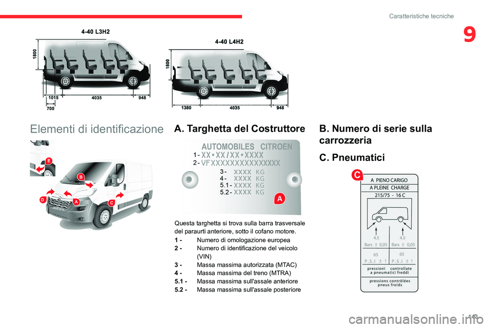 CITROEN JUMPER 2020  Libretti Di Uso E manutenzione (in Italian) 143
Caratteristiche tecniche
9
 
Elementi di identificazione 
 
A. Targhetta del Costruttore 
 
Questa targhetta si trova sulla barra trasversale 
del paraurti anteriore, sotto il cofano motore.
1 -  