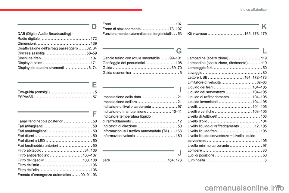 CITROEN JUMPER 2020 Libretti Di Uso E manutenzione (in Italian) 189
Indice alfabetico
D
DAB (Digital Audio Broadcasting) -
Radio digitale 172
Dimensioni 139
Disattivazione dell’airbag passeggero 62, 64
Discesa assistita 58–59
Dischi dei freni CITROEN JUMPER 2020 Libretti Di Uso E manutenzione (in Italian) 189
Indice alfabetico
D
DAB (Digital Audio Broadcasting) -
Radio digitale 172
Dimensioni 139
Disattivazione dell’airbag passeggero 62, 64
Discesa assistita 58–59
Dischi dei freni