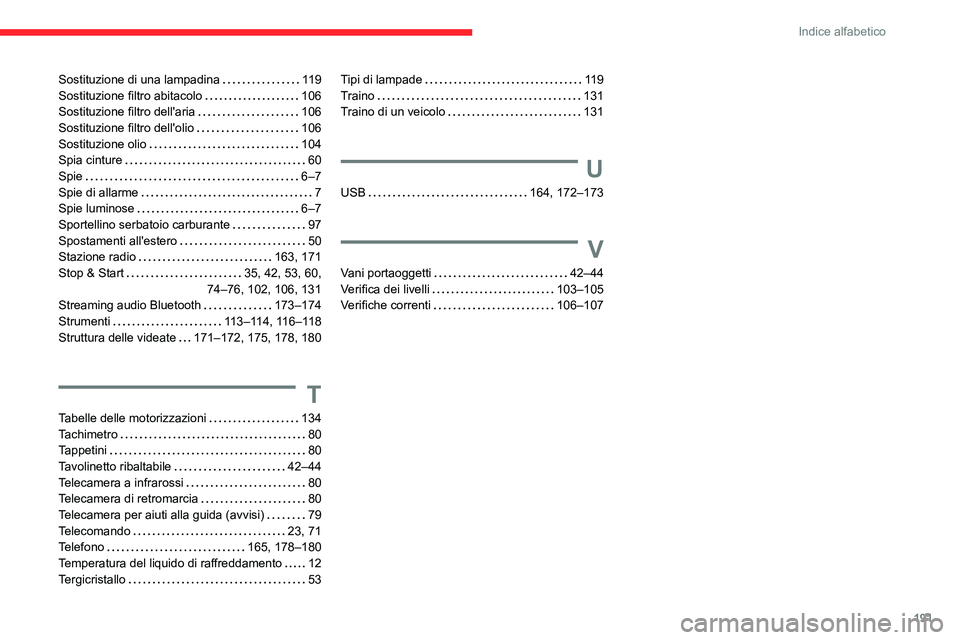 CITROEN JUMPER 2020  Libretti Di Uso E manutenzione (in Italian) 191
Indice alfabetico
Sostituzione di una lampadina   119
Sostituzione filtro abitacolo    106
Sostituzione filtro dell'aria    106
Sostituzione filtro dell'olio    106
Sostituzione olio     1