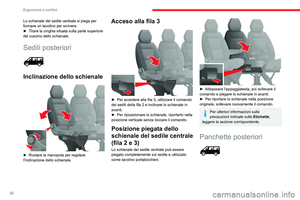 CITROEN JUMPER 2020 Libretti Di Uso E manutenzione (in Italian) 32
Ergonomia e confort
Lo schienale del sedile centrale si piega per
formare un tavolino per scrivere.
► Tirare la cinghia situata sulla parte superiore
del cuscino dello schienale.
Sedili poster CITROEN JUMPER 2020 Libretti Di Uso E manutenzione (in Italian) 32
Ergonomia e confort
Lo schienale del sedile centrale si piega per
formare un tavolino per scrivere.
► Tirare la cinghia situata sulla parte superiore
del cuscino dello schienale.
Sedili poster