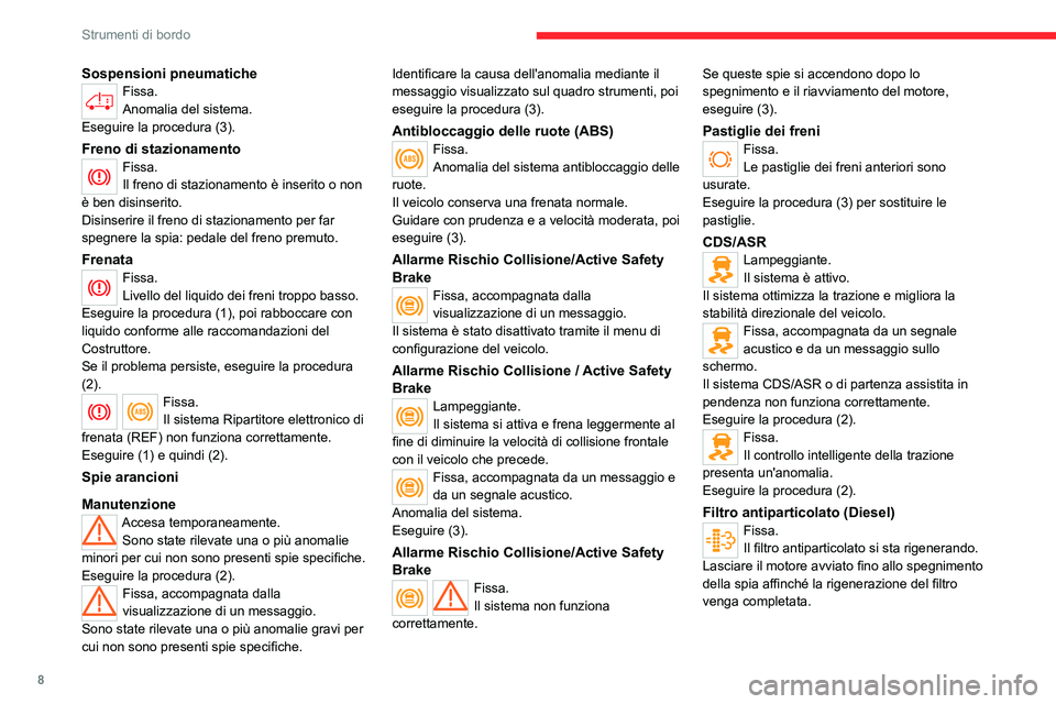 CITROEN JUMPER 2020  Libretti Di Uso E manutenzione (in Italian) 8
Strumenti di bordo
Sospensioni pneumaticheFissa.
Anomalia del sistema.
Eseguire la procedura (3).
Freno di stazionamentoFissa.
Il freno di stazionamento è inserito o non 
è ben disinserito.
Disins