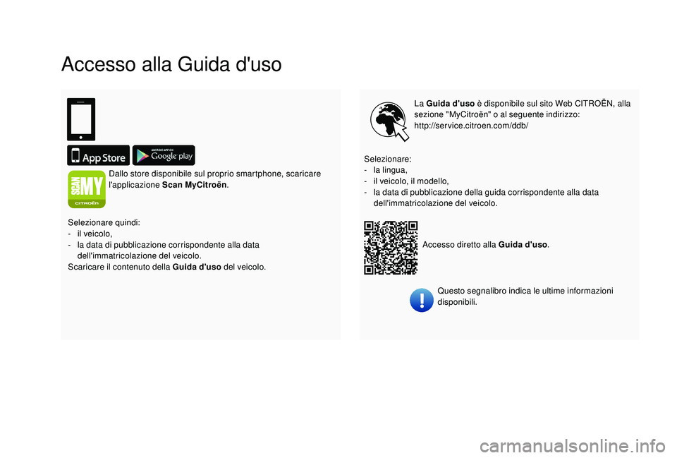 CITROEN JUMPER 2019 Libretti Di Uso E manutenzione (in Italian) Accesso alla Guida d'uso
La Guida d'uso è disponibile sul sito Web CITROËN, alla
sezione "MyCitroën" o al seguente indirizzo:
http://service.citroen.com/ddb/
Accesso diretto alla G CITROEN JUMPER 2019 Libretti Di Uso E manutenzione (in Italian) Accesso alla Guida d'uso
La Guida d'uso è disponibile sul sito Web CITROËN, alla
sezione "MyCitroën" o al seguente indirizzo:
http://service.citroen.com/ddb/
Accesso diretto alla G