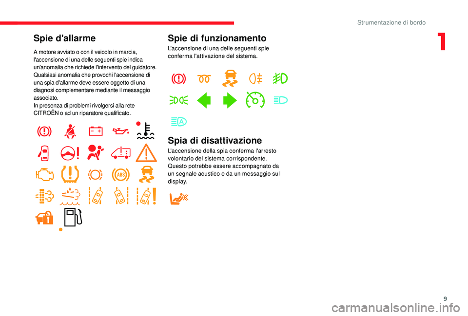 CITROEN JUMPER 2019  Libretti Di Uso E manutenzione (in Italian) 9
Spie d'allarme
A motore avviato o con il veicolo in marcia, 
l 'accensione di una delle seguenti spie indica 
un'anomalia che richiede l'inter vento del guidatore.
Qualsiasi anomalia