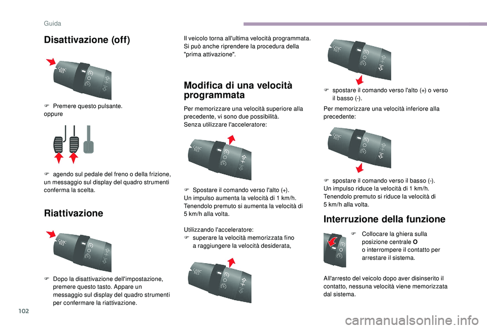 CITROEN JUMPER 2019 Libretti Di Uso E manutenzione (in Italian) 102
Disattivazione (off)
RiattivazioneIl veicolo torna all'ultima velocità programmata.
Si può anche riprendere la procedura della
"prima attivazione".
Modifica di una velocità
progra CITROEN JUMPER 2019 Libretti Di Uso E manutenzione (in Italian) 102
Disattivazione (off)
RiattivazioneIl veicolo torna all'ultima velocità programmata.
Si può anche riprendere la procedura della
"prima attivazione".
Modifica di una velocità
progra