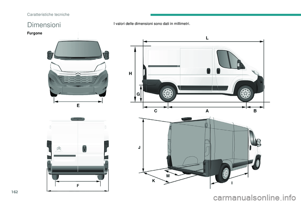 CITROEN JUMPER 2019  Libretti Di Uso E manutenzione (in Italian) 162
DimensioniI valori delle dimensioni sono dati in millimetri.
Furgone 
Caratteristiche tecniche  