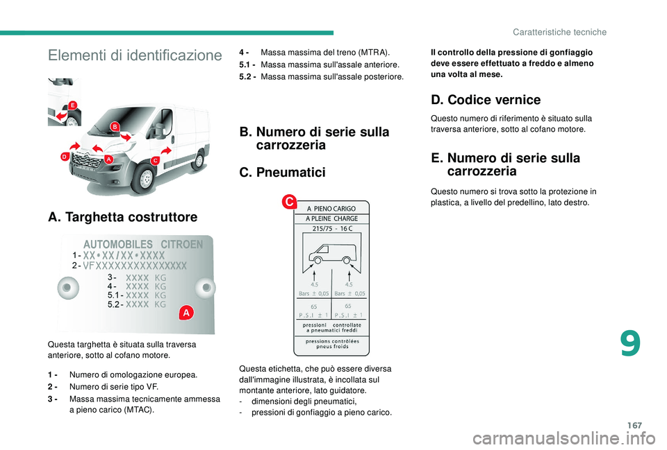 CITROEN JUMPER 2019 Libretti Di Uso E manutenzione (in Italian) 167
Elementi di identificazione
A. Targhetta costruttore
4 - Massa massima del treno (MTR A).
5.1 - Massa massima sull'assale anteriore.
5.2 - Massa massima sull'assale posteriore.
Questa ta CITROEN JUMPER 2019 Libretti Di Uso E manutenzione (in Italian) 167
Elementi di identificazione
A. Targhetta costruttore
4 - Massa massima del treno (MTR A).
5.1 - Massa massima sull'assale anteriore.
5.2 - Massa massima sull'assale posteriore.
Questa ta
