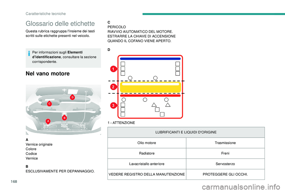 CITROEN JUMPER 2019  Libretti Di Uso E manutenzione (in Italian) 168
Glossario delle etichette
Questa rubrica raggruppa l'insieme dei testi 
scritti sulle etichette presenti nel veicolo.Per informazioni sugli Elementi 
d'identificazione , consultare la sezi
