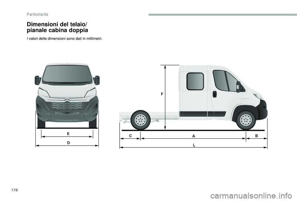 CITROEN JUMPER 2019  Libretti Di Uso E manutenzione (in Italian) 178
Dimensioni del telaio/
pianale cabina doppia
I valori delle dimensioni sono dati in millimetri. 
Particolarità  