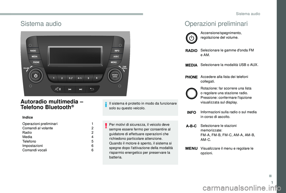 CITROEN JUMPER 2019 Libretti Di Uso E manutenzione (in Italian) 1
Sistema audio
Autoradio multimedia –
Telefono Bluetooth®
Indice
Operazioni preliminari
1
C
omandi al volante
2
R
adio
2
M
edia
4
T
elefono
5
I
mpostazioni
6
C
omandi vocal CITROEN JUMPER 2019 Libretti Di Uso E manutenzione (in Italian) 1
Sistema audio
Autoradio multimedia –
Telefono Bluetooth®
Indice
Operazioni preliminari
1
C
omandi al volante
2
R
adio
2
M
edia
4
T
elefono
5
I
mpostazioni
6
C
omandi vocal
