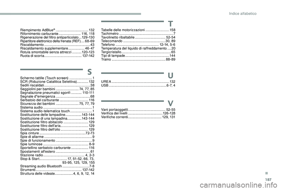 CITROEN JUMPER 2019 Libretti Di Uso E manutenzione (in Italian) 187
Schermo tattile (Touch screen) ........................1
SCR (Riduzione Catalitica Selettiva) ............132
Sedili riscaldati
................................................ 38
Seggiolini p CITROEN JUMPER 2019 Libretti Di Uso E manutenzione (in Italian) 187
Schermo tattile (Touch screen) ........................1
SCR (Riduzione Catalitica Selettiva) ............132
Sedili riscaldati
................................................ 38
Seggiolini p