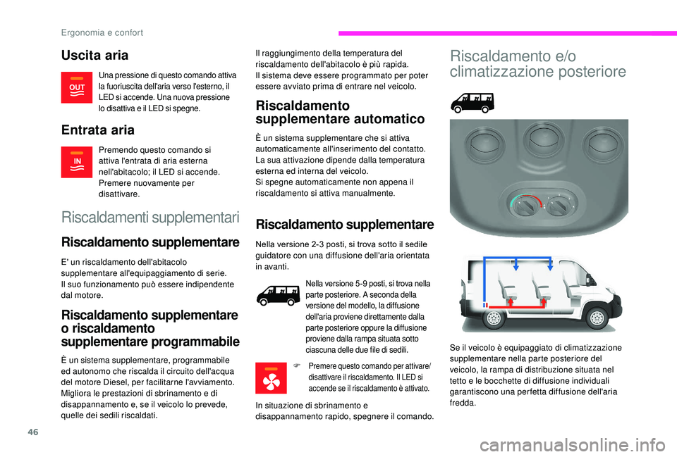 CITROEN JUMPER 2019 Libretti Di Uso E manutenzione (in Italian) 46
Uscita aria
Una pressione di questo comando attiva
la fuoriuscita dell'aria verso l'esterno, il
LED si accende. Una nuova pressione
lo disattiva e il LED si spegne.
Entrata aria
Premendo CITROEN JUMPER 2019 Libretti Di Uso E manutenzione (in Italian) 46
Uscita aria
Una pressione di questo comando attiva
la fuoriuscita dell'aria verso l'esterno, il
LED si accende. Una nuova pressione
lo disattiva e il LED si spegne.
Entrata aria
Premendo