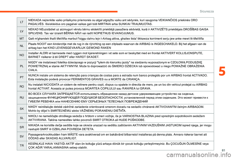 CITROEN JUMPER 2019 Libretti Di Uso E manutenzione (in Italian) 81
LTNIEK ADA neįrenkite vaiko prilaikymo priemonės su atgal atgręžtu vaiku ant sėdynės, kuri saugoma VEIKIANČIOS priekinės ORO
PAGALVĖS. Išsiskleidus oro pagalvei vaikas gali būti MIRTINA CITROEN JUMPER 2019 Libretti Di Uso E manutenzione (in Italian) 81
LTNIEK ADA neįrenkite vaiko prilaikymo priemonės su atgal atgręžtu vaiku ant sėdynės, kuri saugoma VEIKIANČIOS priekinės ORO
PAGALVĖS. Išsiskleidus oro pagalvei vaikas gali būti MIRTINA