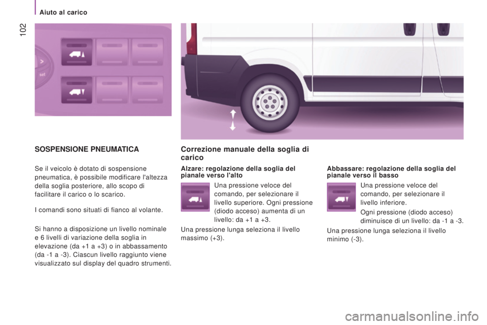 CITROEN JUMPER 2017  Libretti Di Uso E manutenzione (in Italian)  102
Jumper_it_Chap04_Technologie-a-bord_ed01-2016
SOSPENSIONE PNEUMATICA
Se il veicolo è dotato di sospensione 
pneumatica, è possibile modificare l'altezza 
della soglia posteriore, allo scopo