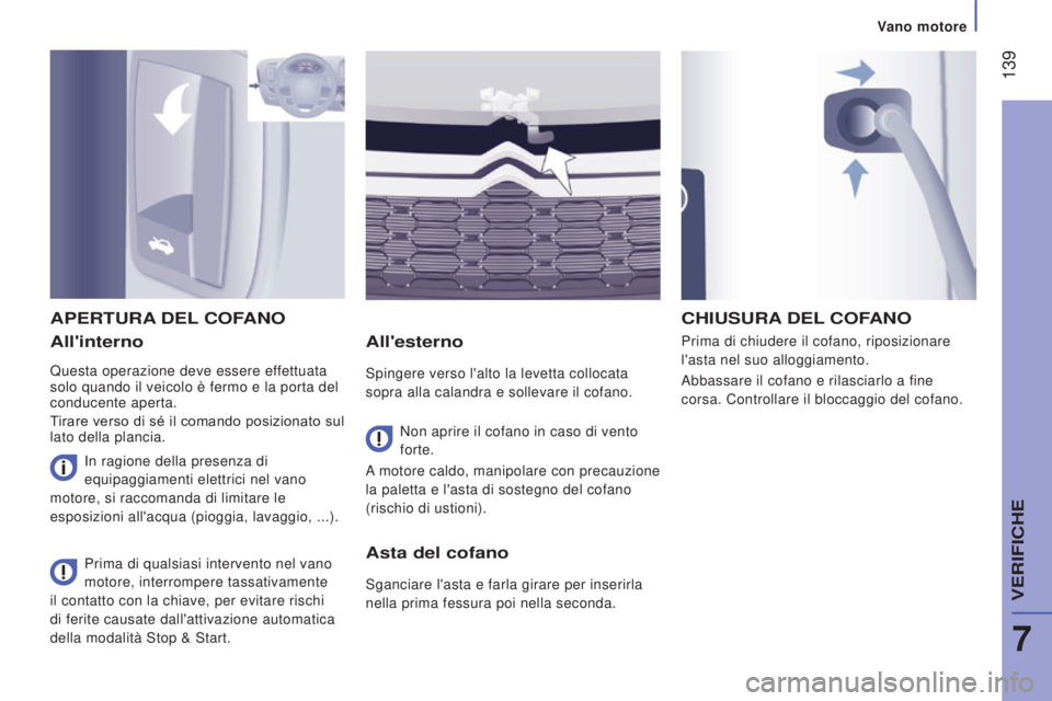 CITROEN JUMPER 2017  Libretti Di Uso E manutenzione (in Italian)  139
Vano motore
Jumper_it_Chap07_Verifications_ed01-2016
All'interno
Questa operazione deve essere effettuata 
solo quando il veicolo è fermo e la porta del 
conducente aperta.
Tirare verso di s