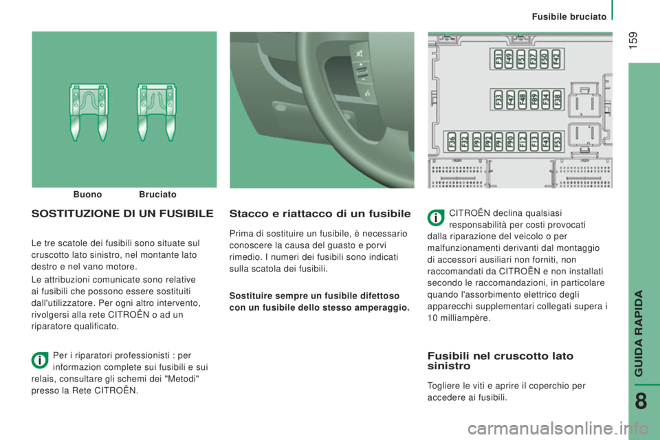 CITROEN JUMPER 2017  Libretti Di Uso E manutenzione (in Italian)  159
Fusibile bruciato
Jumper_it_Chap08_Aide-Rapide_ed01-2016
Le tre scatole dei fusibili sono situate sul 
cruscotto lato sinistro, nel montante lato 
destro e nel vano motore.
Le attribuzioni comuni