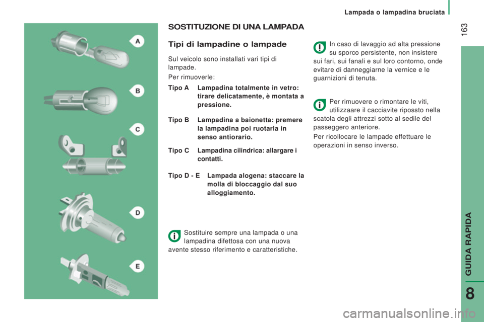 CITROEN JUMPER 2017  Libretti Di Uso E manutenzione (in Italian)  163
Lampada o lampadina bruciata
Jumper_it_Chap08_Aide-Rapide_ed01-2016
In caso di lavaggio ad alta pressione 
su sporco persistente, non insistere 
sui fari, sui fanali e sul loro contorno, onde 
ev