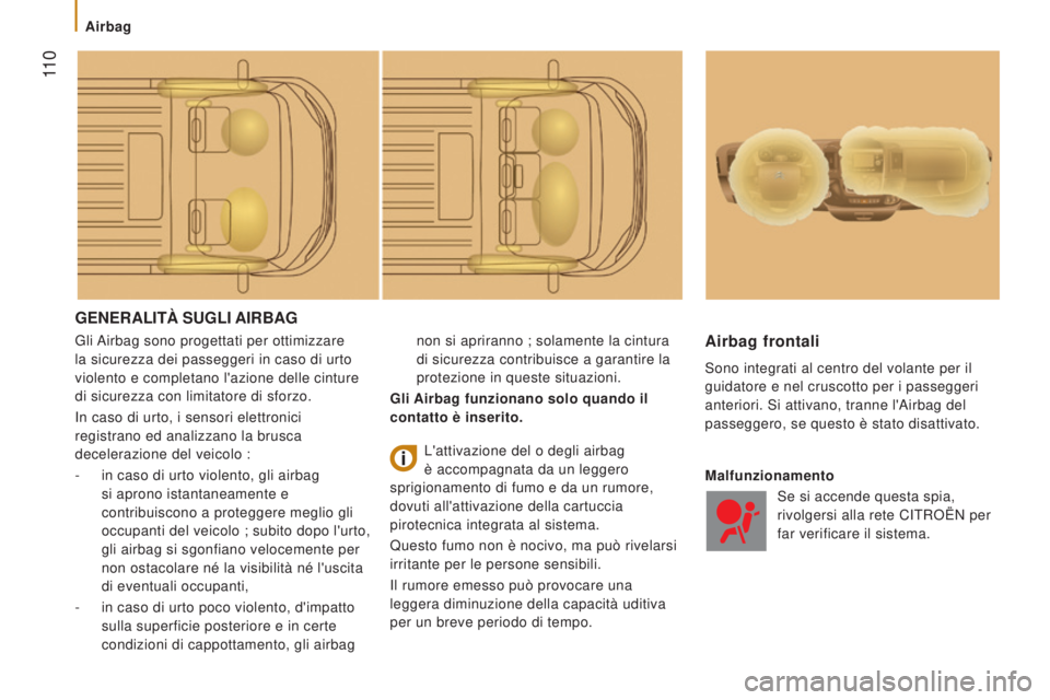 CITROEN JUMPER 2016 Libretti Di Uso E manutenzione (in Italian) 11 0
jumper_it_Chap05_Securite_ed01-2015
GENERALITÀ SUGLI A IRBAG
Gli Airbag sono progettati per ottimizzare
la sicurezza dei passeggeri in caso di urto
violento e completano l'azione delle ci CITROEN JUMPER 2016 Libretti Di Uso E manutenzione (in Italian) 11 0
jumper_it_Chap05_Securite_ed01-2015
GENERALITÀ SUGLI A IRBAG
Gli Airbag sono progettati per ottimizzare
la sicurezza dei passeggeri in caso di urto
violento e completano l'azione delle ci