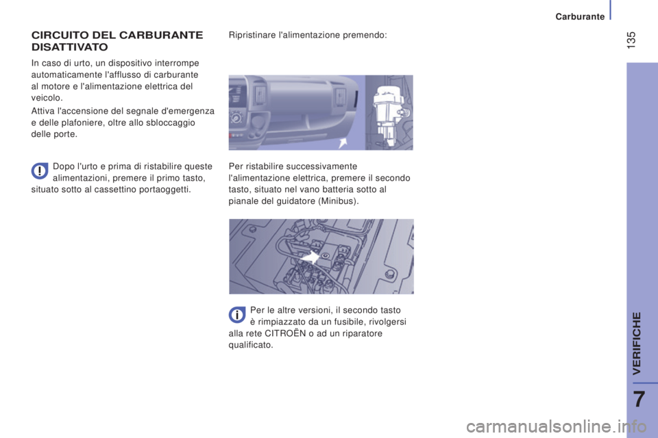 CITROEN JUMPER 2016 Libretti Di Uso E manutenzione (in Italian) 135
jumper_it_Chap07_Verifications_ed01-2015
CIRCUITO DEL CARBURANTE
DISA
TTIVATO
Dopo l'urto e prima di ristabilire queste
alimentazioni, premere il primo tasto,
situato sotto al cassettino CITROEN JUMPER 2016 Libretti Di Uso E manutenzione (in Italian) 135
jumper_it_Chap07_Verifications_ed01-2015
CIRCUITO DEL CARBURANTE
DISA
TTIVATO
Dopo l'urto e prima di ristabilire queste
alimentazioni, premere il primo tasto,
situato sotto al cassettino
