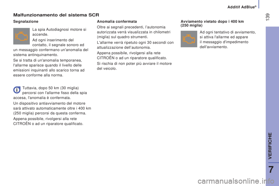 CITROEN JUMPER 2016 Libretti Di Uso E manutenzione (in Italian) 139
jumper_it_Chap07_Verifications_ed01-2015
Malfunzionamento del sistema SCR
La spia Autodiagnosi motore si
accende.
Ad ogni inserimento del
contatto, il segnale sonoro ed
un messaggio confermano CITROEN JUMPER 2016 Libretti Di Uso E manutenzione (in Italian) 139
jumper_it_Chap07_Verifications_ed01-2015
Malfunzionamento del sistema SCR
La spia Autodiagnosi motore si
accende.
Ad ogni inserimento del
contatto, il segnale sonoro ed
un messaggio confermano