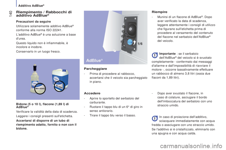 CITROEN JUMPER 2016 Libretti Di Uso E manutenzione (in Italian) 140
jumper_it_Chap07_Verifications_ed01-2015
Riempimento / Rabbocchi di
additivo AdBlue®
Precauzioni da seguire
Utilizzare solamemente additivo AdBlue®
conforme alla norma ISO 22241.
L'additi CITROEN JUMPER 2016 Libretti Di Uso E manutenzione (in Italian) 140
jumper_it_Chap07_Verifications_ed01-2015
Riempimento / Rabbocchi di
additivo AdBlue®
Precauzioni da seguire
Utilizzare solamemente additivo AdBlue®
conforme alla norma ISO 22241.
L'additi