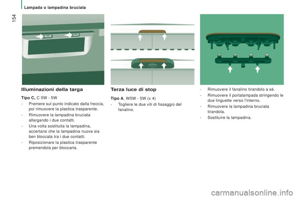 CITROEN JUMPER 2016 Libretti Di Uso E manutenzione (in Italian) 154
jumper_it_Chap08_Aide-Rapide_ed01-2015
Terza luce di stop
Tipo A, W5W - 5W (x 4)
-
T
ogliere le due viti di fissaggio del
fanalino.
Illuminazioni della targa
Tipo C, C 5W - 5W
-
Premere sul CITROEN JUMPER 2016 Libretti Di Uso E manutenzione (in Italian) 154
jumper_it_Chap08_Aide-Rapide_ed01-2015
Terza luce di stop
Tipo A, W5W - 5W (x 4)
-
T
ogliere le due viti di fissaggio del
fanalino.
Illuminazioni della targa
Tipo C, C 5W - 5W
-
Premere sul