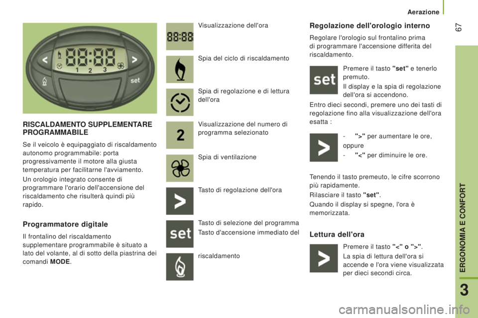 CITROEN JUMPER 2016 Libretti Di Uso E manutenzione (in Italian) 67
jumper_it_Chap03_Ergo-et-confort_ed01-2015
Regolazione dell'orologio interno
Regolare l'orologio sul frontalino prima
di programmare l'accensione differita del
riscaldamento.Premere CITROEN JUMPER 2016 Libretti Di Uso E manutenzione (in Italian) 67
jumper_it_Chap03_Ergo-et-confort_ed01-2015
Regolazione dell'orologio interno
Regolare l'orologio sul frontalino prima
di programmare l'accensione differita del
riscaldamento.Premere