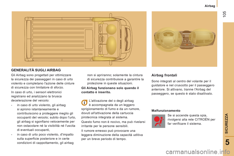 CITROEN JUMPER 2015 Libretti Di Uso E manutenzione (in Italian) Airbag
105
5
SICUREZZA
JUMPER-PAPIER_IT_CHAP05_SECURITE_ED01-2014
GENERALITÀ SUGLI AIRBAG
Gli Airbag sono progettati per ottimizzare
la sicurezza dei passeggeri in caso di urto
violento CITROEN JUMPER 2015 Libretti Di Uso E manutenzione (in Italian) Airbag
105
5
SICUREZZA
JUMPER-PAPIER_IT_CHAP05_SECURITE_ED01-2014
GENERALITÀ SUGLI AIRBAG
Gli Airbag sono progettati per ottimizzare
la sicurezza dei passeggeri in caso di urto
violento