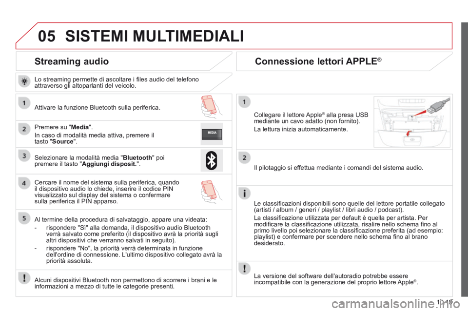 CITROEN JUMPER 2015  Libretti Di Uso E manutenzione (in Italian) 05
10.19
JUMPER-PAPIER_IT_CHAP10A_AUTORADIO_FIAT-TACTILE-1_ED01-2014
      Streaming  audio 
  Lo streaming permette di ascoltare i ﬁ les audio del telefono attraverso gli altoparlanti del veicolo. 