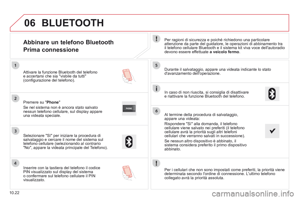 CITROEN JUMPER 2015  Libretti Di Uso E manutenzione (in Italian) 06
10.22
            Abbinare  un  telefono  Bluetooth  
Prima connessione 
  Per ragioni di sicurezza e poiché richiedono una particolare attenzione da parte del guidatore, le operazioni di abbiname
