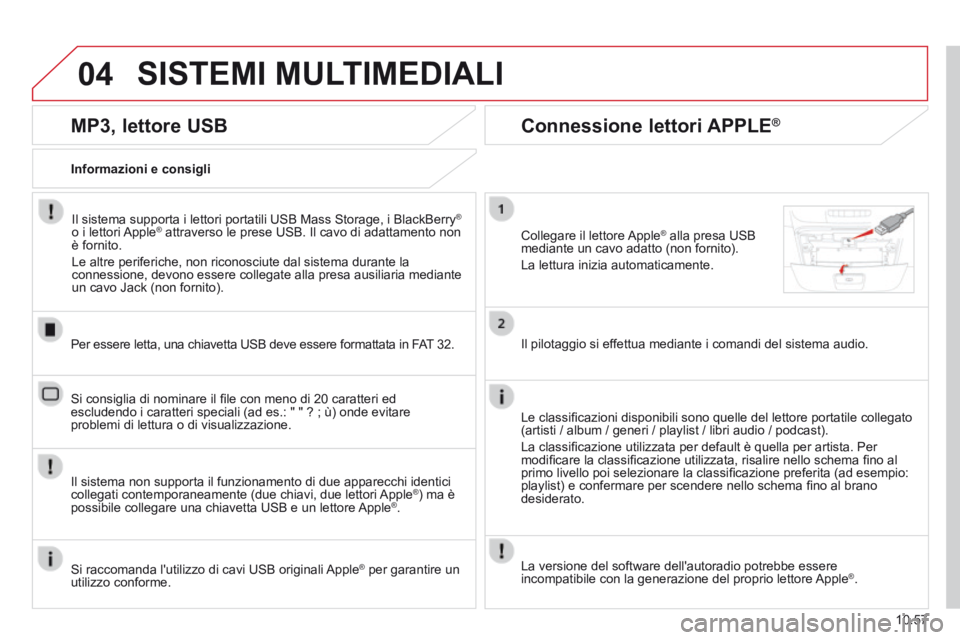 CITROEN JUMPER 2015  Libretti Di Uso E manutenzione (in Italian) 04
10.57
JUMPER-PAPIER_IT_CHAP10B_AUTORADIO_FIAT-4_ED01-2014
 SISTEMI  MULTIMEDIALI 
  MP3,  lettore  USB 
  Informazioni  e  consigli  
  Il sistema supporta i lettori portatili USB Mass Storage, i B