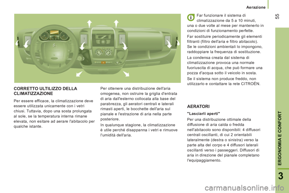 CITROEN JUMPER 2014  Libretti Di Uso E manutenzione (in Italian) 55
3
ERGONOMIA E CONFOR
T
   
 
Aerazione  
 
 
CORRETTO ULTILIZZO DELLA 
CLIMATIZZAZIONE 
  Per essere efficace, la climatizzazione deve 
essere utilizzata unicamente con i vetri 
chiusi. Tuttavia, d
