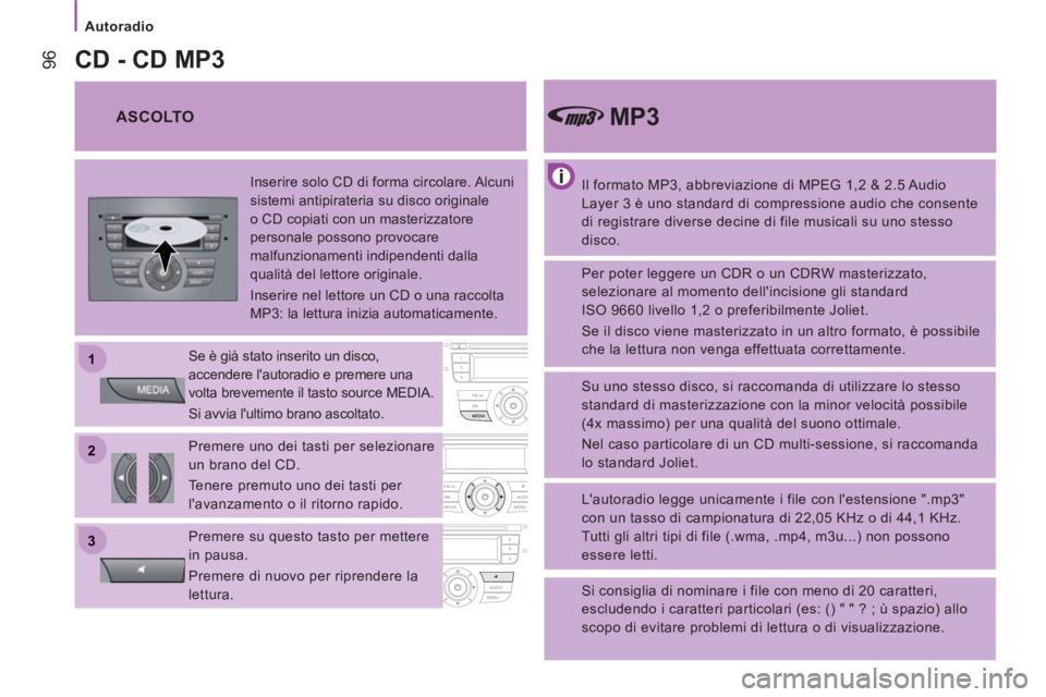 CITROEN JUMPER 2014 Libretti Di Uso E manutenzione (in Italian) 22
11
33
Autoradio
96
Il formato MP3, abbreviazione di MPEG 1,2 & 2.5 Audio
Layer 3 è uno standard di compressione audio che consente
di registrare diverse decine di file musicali su CITROEN JUMPER 2014 Libretti Di Uso E manutenzione (in Italian) 22
11
33
Autoradio
96
Il formato MP3, abbreviazione di MPEG 1,2 & 2.5 Audio
Layer 3 è uno standard di compressione audio che consente
di registrare diverse decine di file musicali su