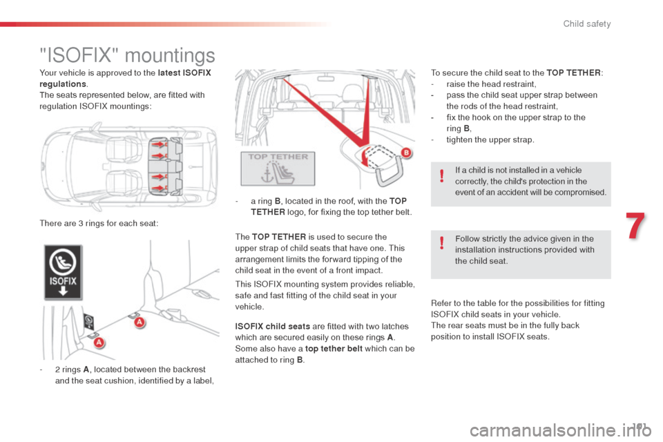 Citroen C3 PICASSO RHD 2014 1.G Owners Manual 101
"ISoFIX" mountings
- 2 rings A, located between the backrest 
and the seat cushion, identified by a label, -
 
a r
 ing B
, located in the roof, with the TOP 
TETHER  logo, for fixing the top teth