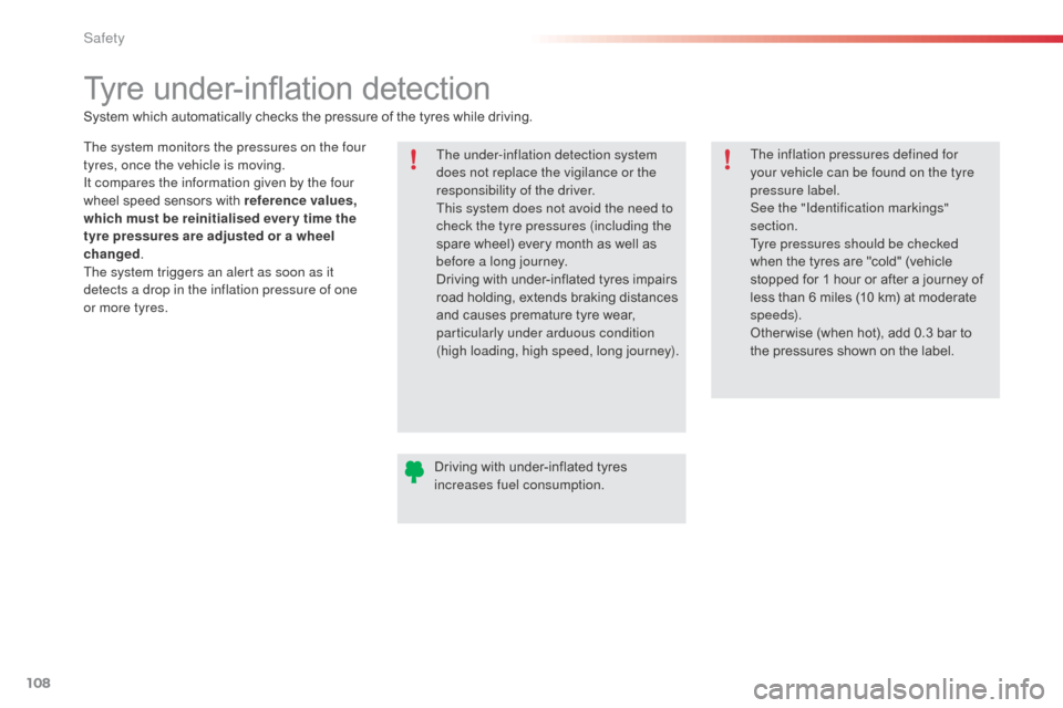 Citroen C3 PICASSO RHD 2014 1.G Owners Manual 108
Tyre under-inflation detection
System which automatically checks the pressure of the tyres while driving.
The system monitors the pressures on the four 
tyres, once the vehicle is moving.
It compa