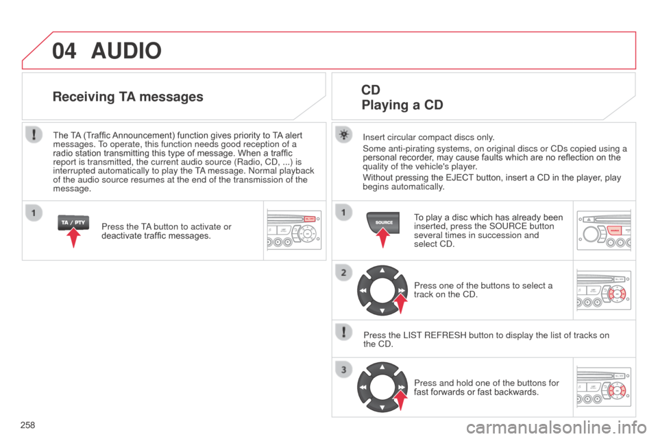 Citroen C3 PICASSO RHD 2014 1.G Owners Manual 04
258
AUDIO
Insert circular compact discs only.
Some anti-pirating systems, on original discs or Cd s copied using a 
personal recorder, may cause faults which are no reflection on the 
quality of th
